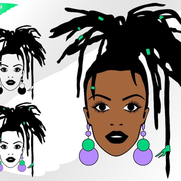 Black woman svg – Girl svg – Black woman clipart – Dreadlocks hair svg – Dreadlocks svg – Earrings svg – eps, png, dxf pdf svg for cricut