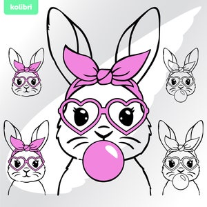 Bunny bubblegum svg – Bunny svg – Cute bunny svg – Heart glasses svg – Easter svg – Face bandana svg – eps, png, dxf, pdf, svg for cricut