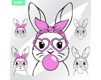 Króliczek bubblegum svg – Króliczek svg – Uroczy króliczek svg – Okulary w kształcie serca svg – Wielkanoc svg – Bandana na twarz svg – eps, png, dxf, pdf, svg dla cricut