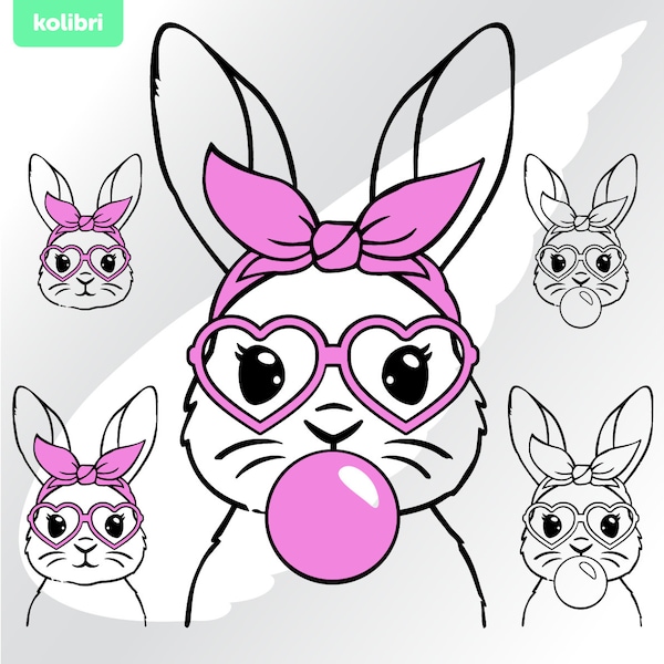 Bunny bubblegum svg – Bunny svg – Cute bunny svg – Heart glasses svg – Easter svg – Face bandana svg – eps, png, dxf, pdf, svg for cricut