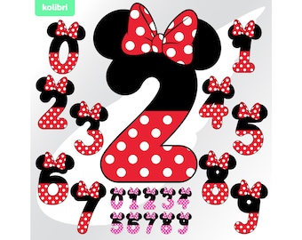 Födelsedagsnummer svg – Mimmi Pigg svg – Siffror clipart – Födelsedagssvg – Rosett Minnie svg – Röd Rosa 0-9 – eps, png, dxf pdf, svg för Cricut