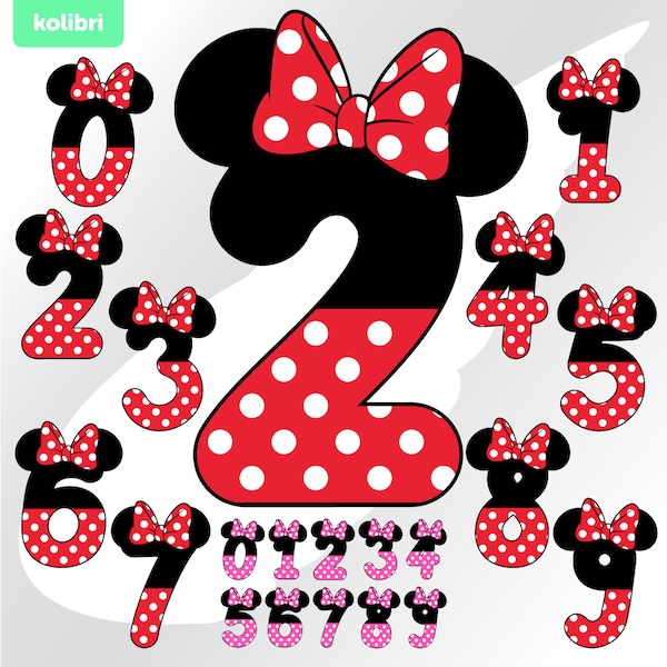 Geburtstag Zahlen svg – Minnie Maus svg – Zahlen Clipart – Geburtstag svg – Schleife Minnie svg – Rot Pink 0-9 – eps, png, dxf pdf, svg für Cricut