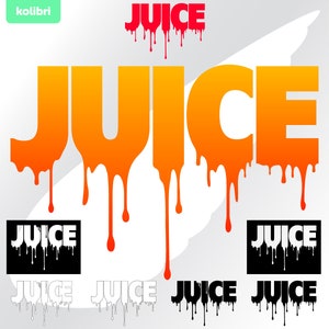 May include: A graphic design featuring the word "JUICE" in dripping orange and yellow letters. The word "JUICE" is also shown in black and white text with dripping letters.