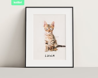 Peinture personnalisée pour animaux de compagnie à partir d’une photo – Portrait de chat personnalisé – Peinture à l’aquarelle pour animaux de compagnie – Illustration, cadeau pour lui, dessin commémoratif – 16x20"