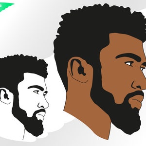 May include: A digital illustration of a man's face with a beard and short, curly hair. The man is looking to the right. The illustration is in black and white and brown.