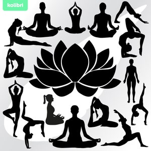 May include: A black and white silhouette image of a lotus flower with 14 yoga poses around it. The poses are all in different positions, including standing, sitting, and lying down.