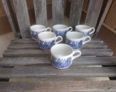 Vintage Oriental Themed Ceramic Mugs Retro Stackable Blue and White Cups Set of 6 Made in England