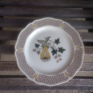 May include: A white ceramic dinner plate with a brown and gold rim. The center of the plate features a yellow and green floral design with a gourd-like fruit.