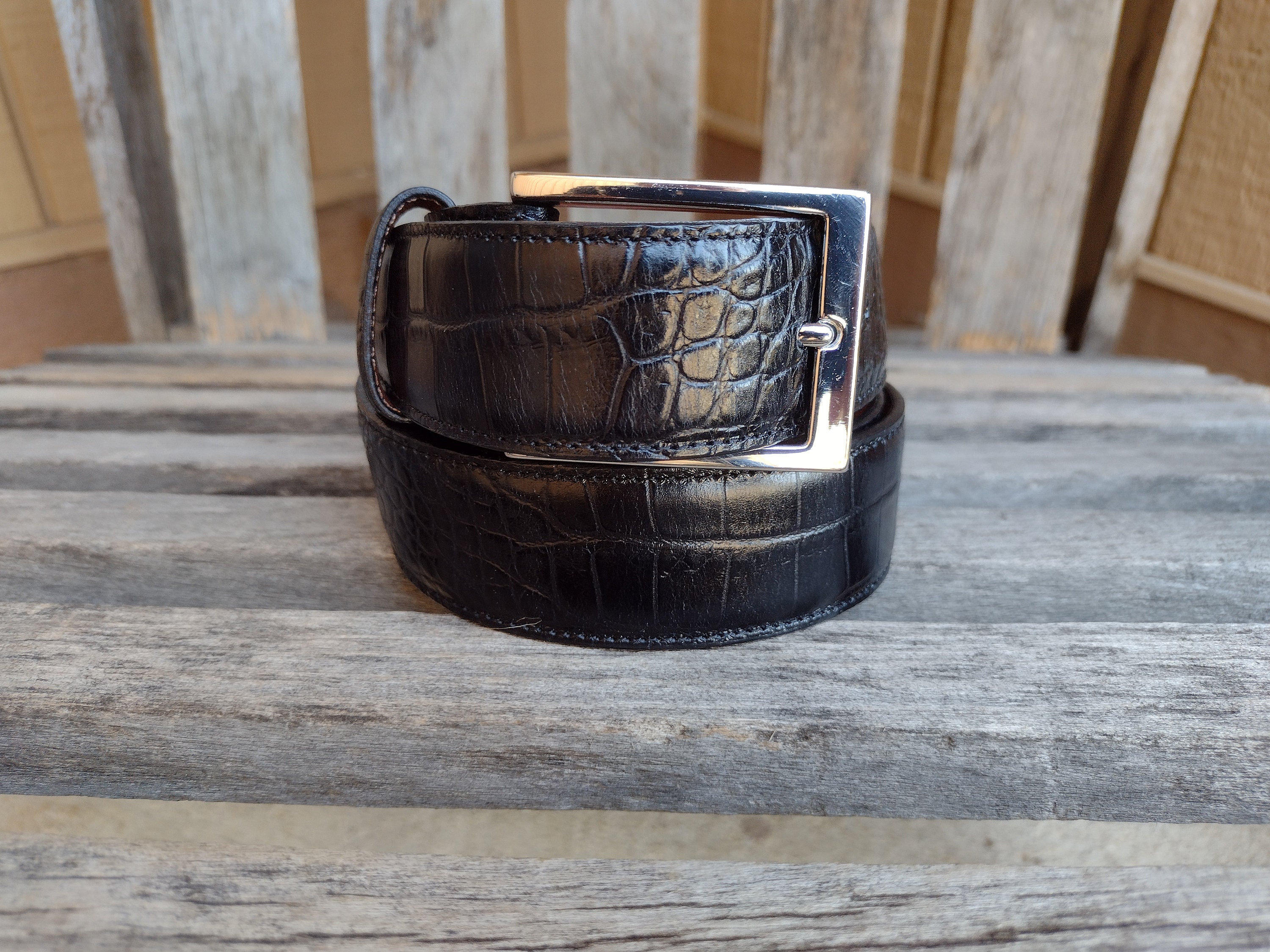Torino Black Italian Embossed Calf Leather Belt Retro  display picture 1