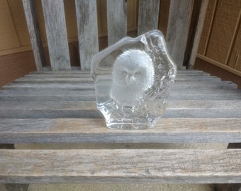Vintage Mats Jonasson Crystal Owl Sculpture Swedish Lead Crystal Art Artist Signed Height 5&quot; Made in Sweden