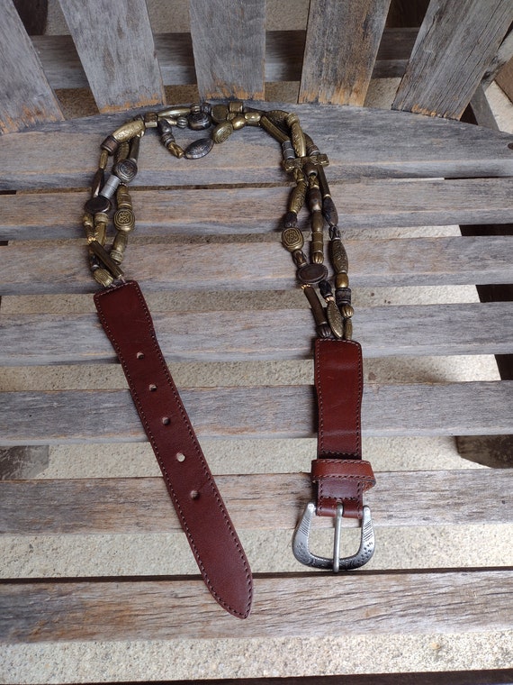 Beaded Waist Belt with Leather and Metallic Accent 80s Vintage Leather Stone Beaded Belt With Metal & Shell  main image 4