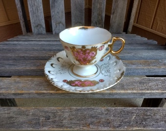 Vintage Lefton China Tea Cup and Saucer Gold Gilded and Pink Accents Hand Painted Numbered KF 2684N