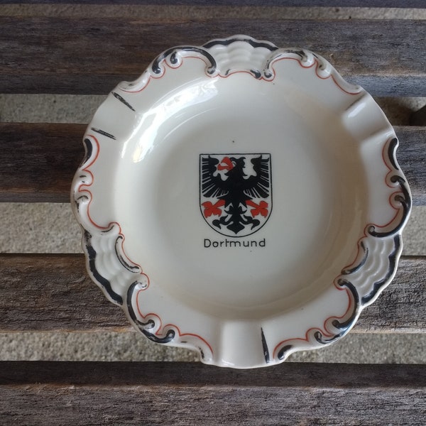 Vintage Dortmund Germany Ashtray Black and Red Coat Of Arms Porcelain Souvenir Ashtray Marked HB