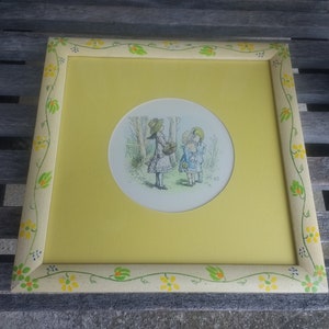 Vintage Kate Greenaway Watercolor Art Print Children Home Decor Framed 12&quot;x12&quot; Matted Diameter 6&quot;