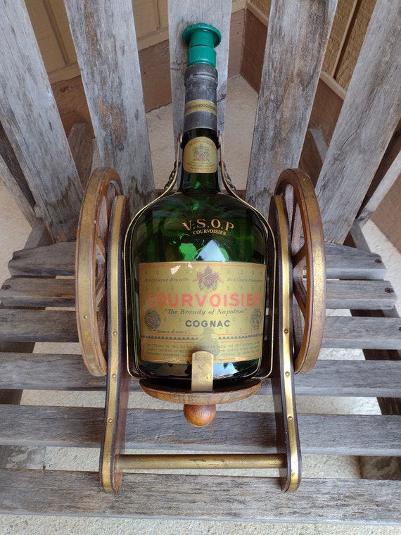 French Courvoisier Cognac Green Bottle With Wood Stand 