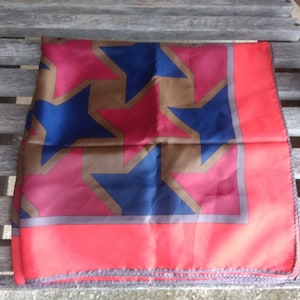 Vintage Red Geometric Scarf Red Blue and Gold Square Abstract Scarf Headwear Wrap Rolled Edges Size 27&quot;x27&quot;