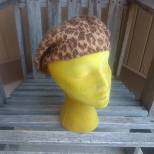 Vintage Zara Brown Knit Stretch Slouchy Hat with Animal Print 100% Acrylic One Size Fits All