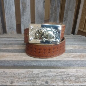 Vintage Brown Leather Western Belt with Silver Horse Buckle Hole Length 34&quot; to 38&quot;