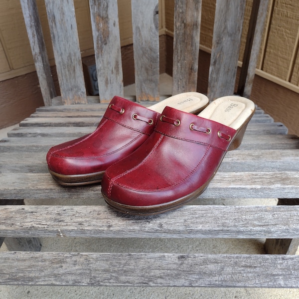 Women's Bass Leather Burgundy Clogs with Cushion Step Retro Vintage Shoes Leather Uppers Size 10 M