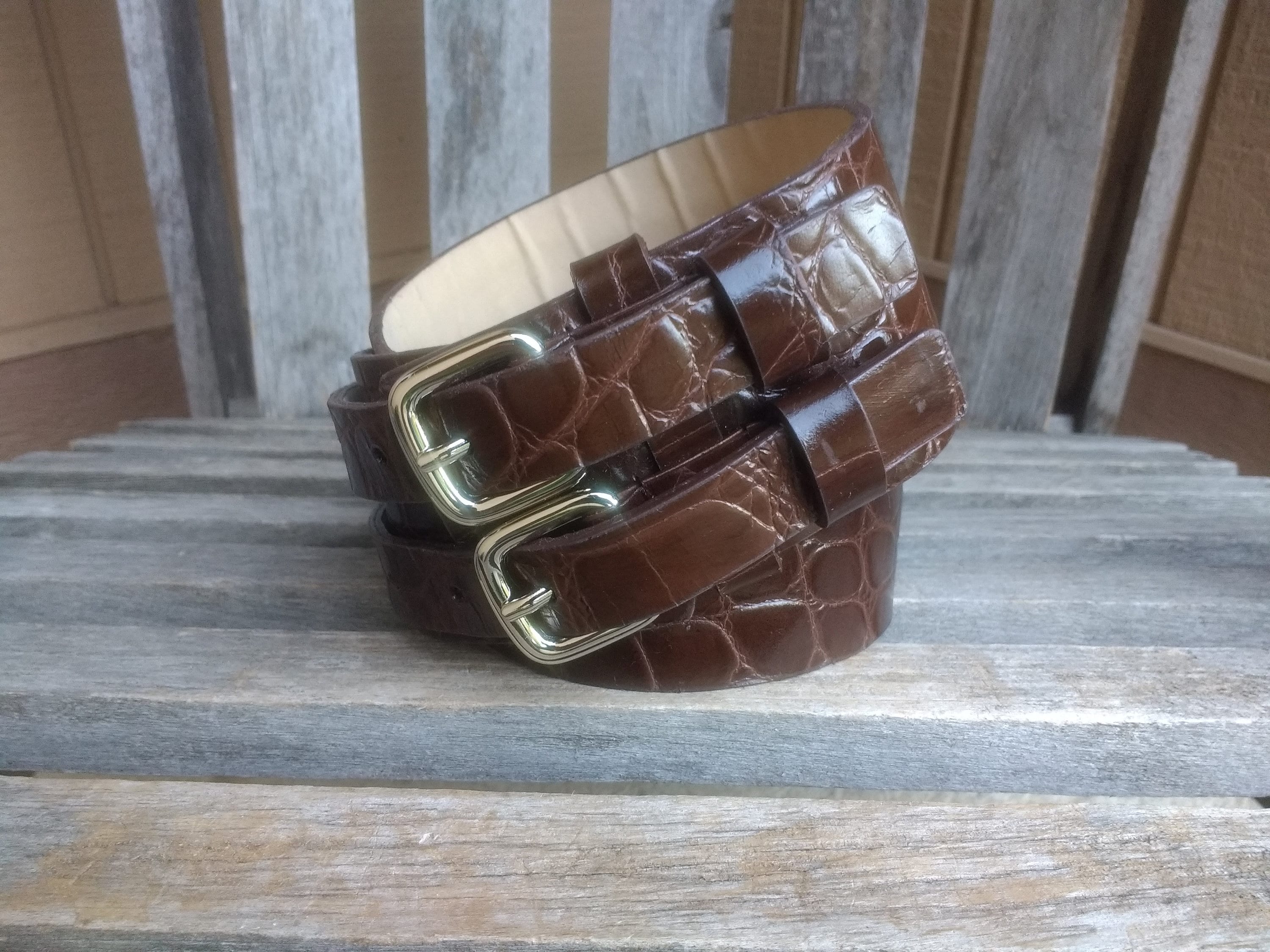 WCM New York Brown Woven Leather Belt | Gold Buckle Size L WCM NEW YORK Genuine Leather - Crocodile | Mercari main image 2