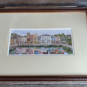 Dartmouth Devon England Dart Harbor and Royal Castle Art Print Retro Vintage UK Art Artist Signed (Unknown) Wood Frame 16&quot;x11&quot; Matted 9&quot;x4&quot;