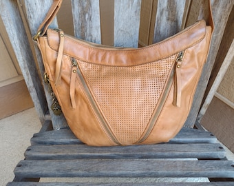 Lucky Brand Light Brown Distressed Leather Shoulder Bag Retro Vintage Handbag Purse