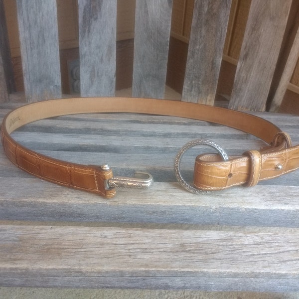 Vintage Brighton Women's Brown Leather Belt with Croc Pattern and Adjustable Hook Buckle Hole Length 34" to 35"