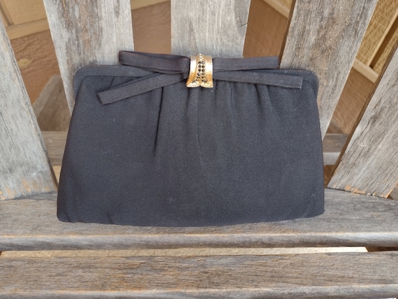 After Five Black Clutch or Top Handle Bag with Ornate Gold Clip and Bow Closure and a Connected Kiss Lock Coin Purse Made in USA