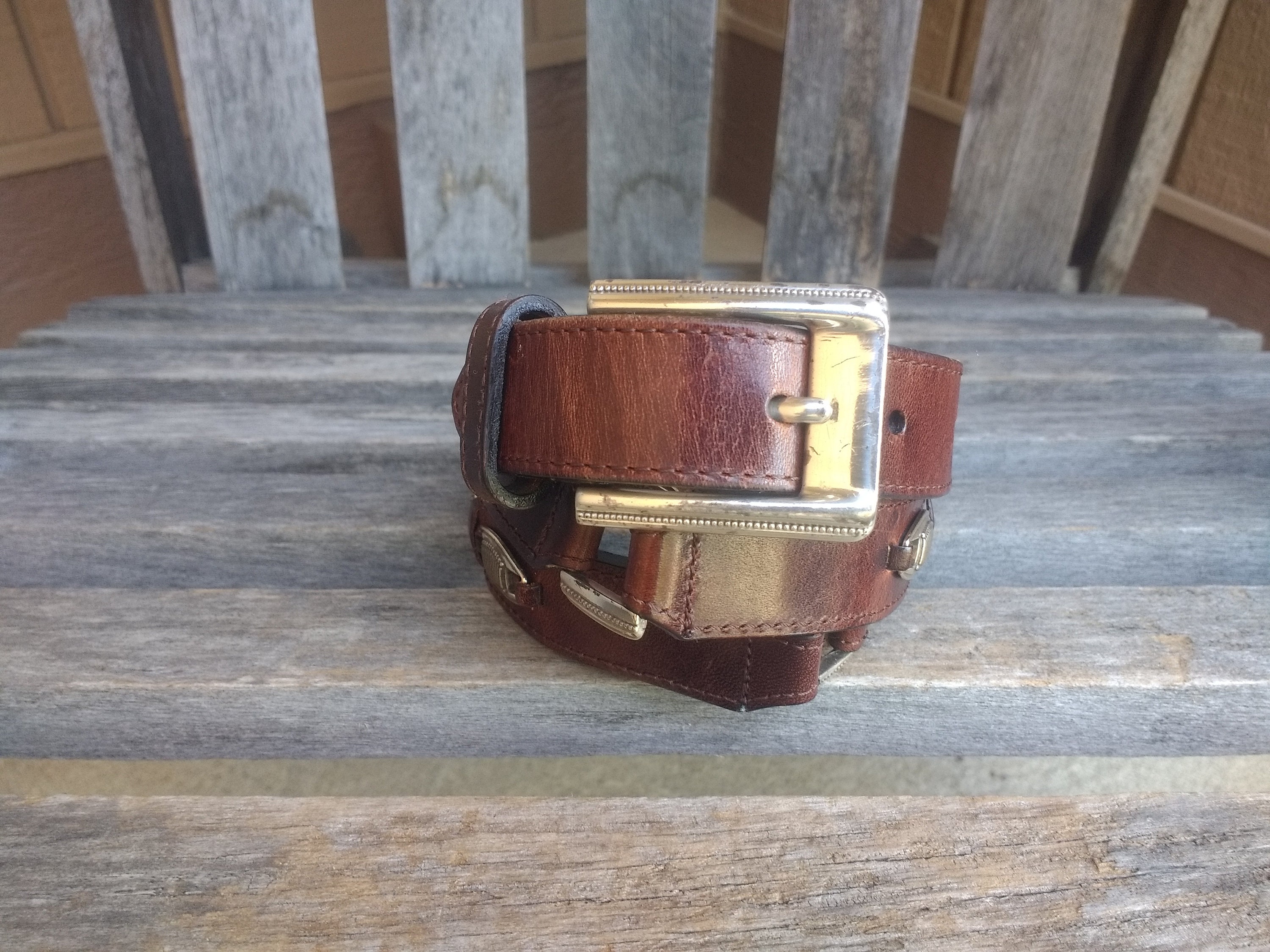 FOSSIL | Vintage Brown Leather Belt with Decorative Silver Buckles | Belt, A Vintage, Buckle, Concho, Sterling Silver, Vintage, 615 main image 3