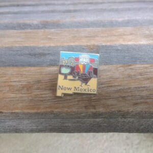 May include: A colorful enamel pin featuring a cartoon depiction of the state of New Mexico. The pin shows a person wearing a hat and holding a bird. The text "New Mexico" is written below the image.
