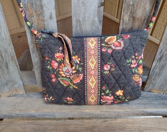 Vera Bradley Brown Floral Shoulder or Crossbody Bag Retro Vintage Handbag Purse Pattern Chocolat Retired Pattern 100% Cotton Year 2003