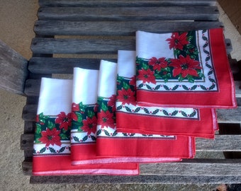 Vintage Sunweave Linen Christmas Napkins Poinsettia and Holly Holiday Napkins Cotton Polyester Blend Set of 5 Made in Brazil