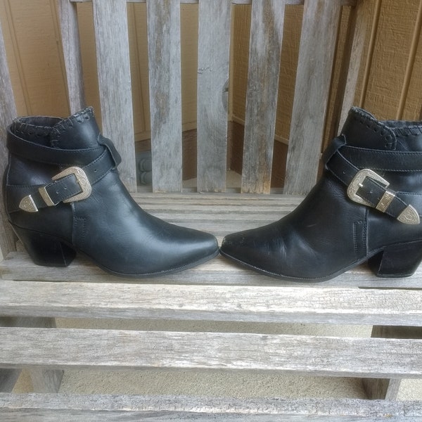 Vintage Dingo Black Leather Western Ankle Boots with Silver Side Buckle Women's Cowgirl Boots Genuine Leather Size 6