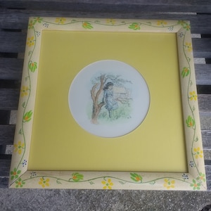 Vintage Kate Greenaway Watercolor Art Print Children Home Decor Framed 12&quot;x12&quot; Matted Diameter 6&quot;