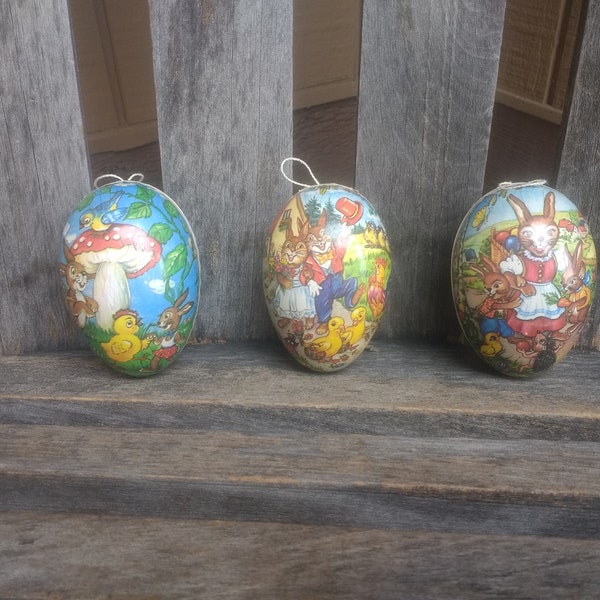 Vintage German Easter Eggs Paper Mache Easter Holiday Decoration Set of 3 Made in German Democratic Republic