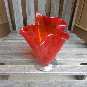 Vintage Mexican Hand Blown Vase Reddish Orange Crackled Modern Glass Vase Made in Mexico