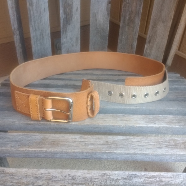 Vintage Lands' End Women's Light Brown Pebbled Leather Belt with Canvas Accent Genuine Leather and Canvas Size L Hole Length 33" to 38"