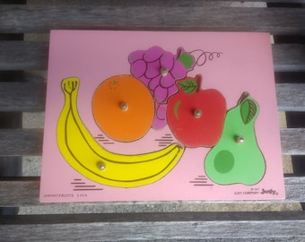 Vintage Judy Company Wooden Fruit Jigsaw Puzzle Retro 70s Children&#39;s Educational Learning 5 Pieces Year 1977