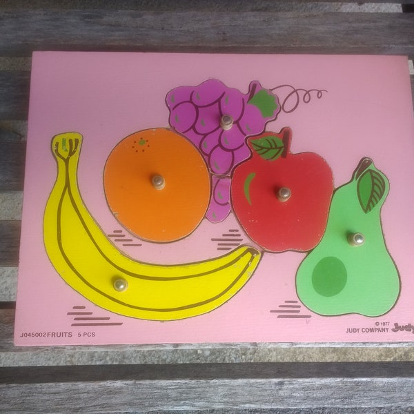 Vintage Judy Company Wooden Fruit Jigsaw Puzzle Retro 70s Children's Educational Learning 5 Pieces Year 1977