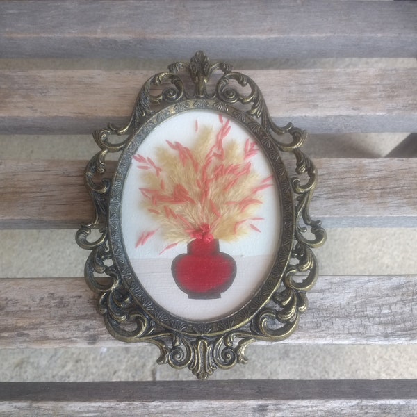 Vintage Italian Red Vase and Dried Flowers Wall Hanging Art with Oval Ornate Metal Frame Made in Italy