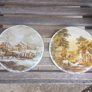 Vintage Currior & Ives American Farm Scenes Summer and Winter Decorative Home Decor Set of 2 Year 1987