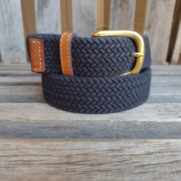 Lands' End Black Woven Cotton Belt with Gold Solid Brass Buckle Retro Vintage Clothing Size L Hole Length Up to 37"