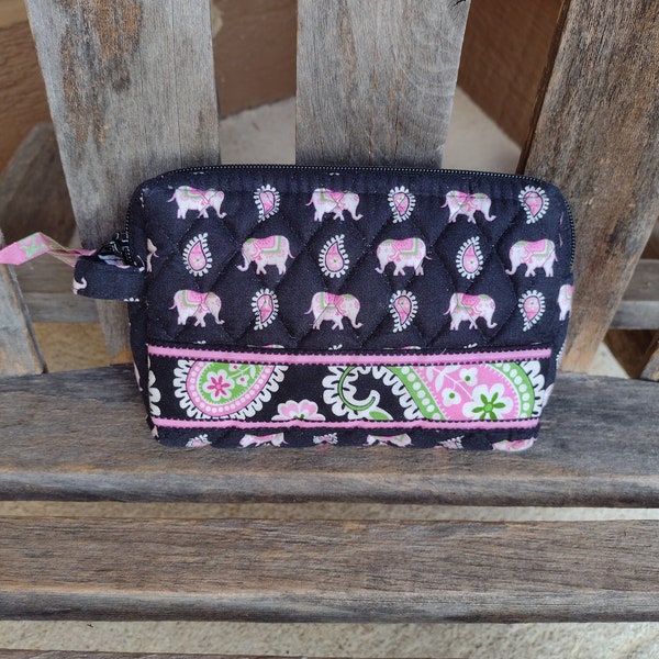 Vera Bradley Pink Elephant Cosmetic Bag Retro Make Up Bag 100% Cotton Made in USA