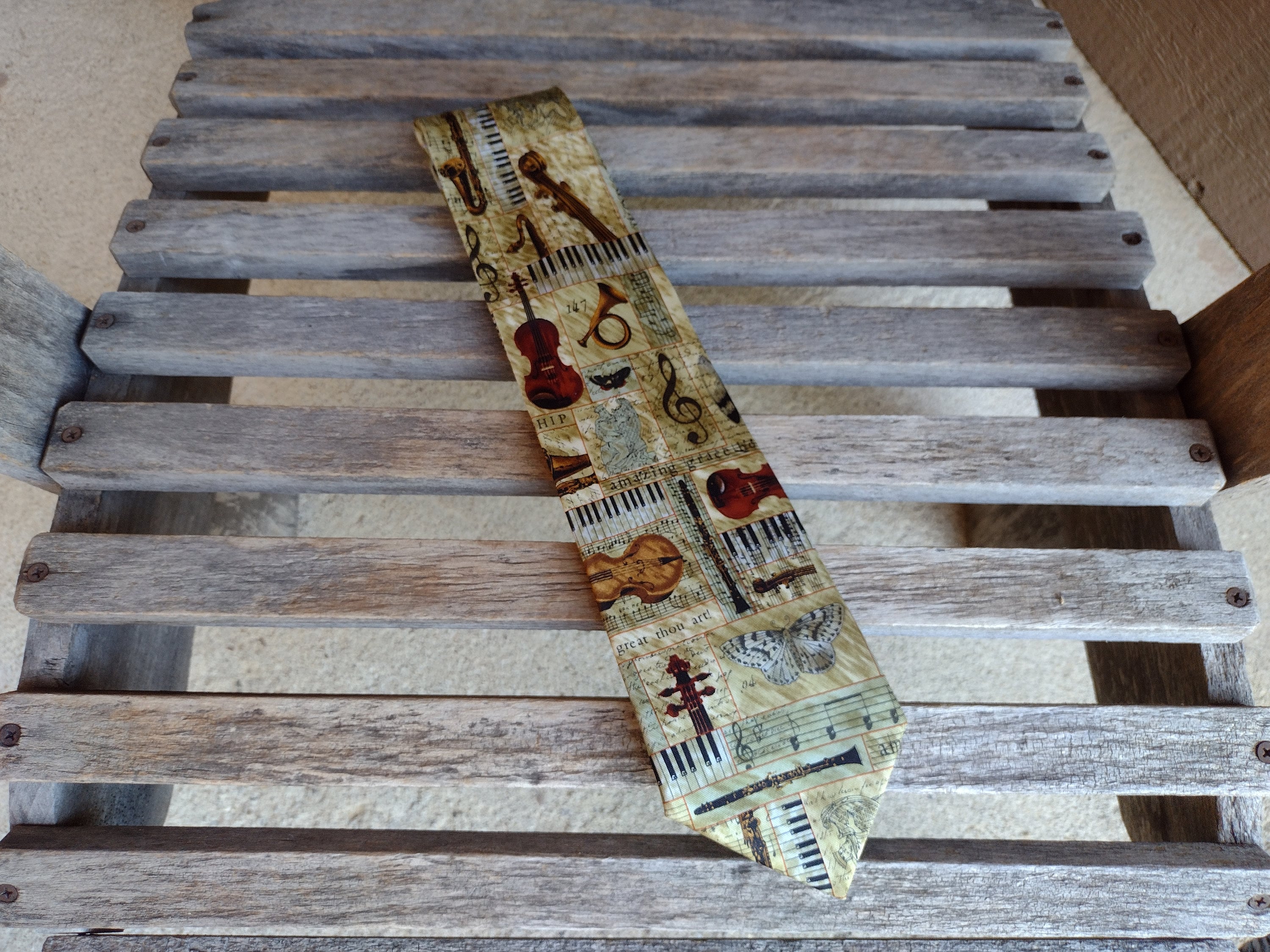 Religious Musical Instruments Silk Necktie Retro Vintage Tie Maker Eagle Wings 100% Silk