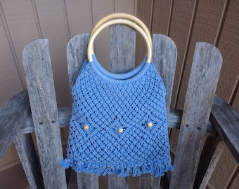 Vintage Blue Macrame Top Handle Bag Round Wood Handles Beaded and Fringed Handbag Purse