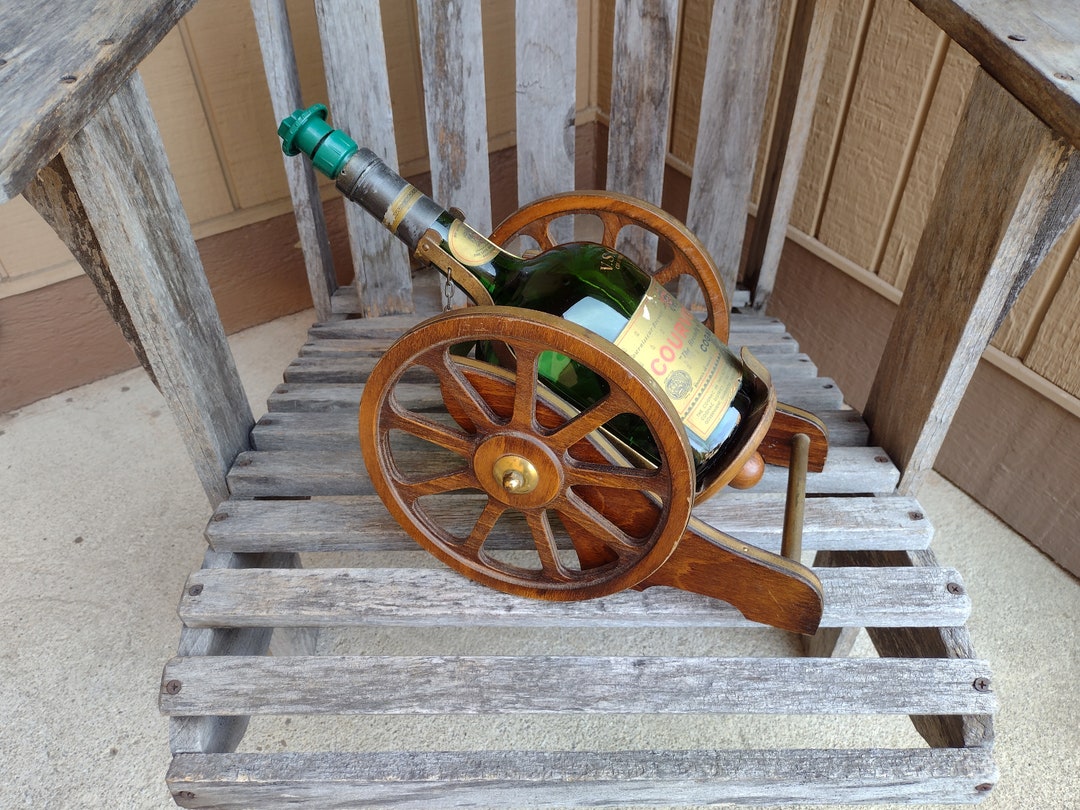 French Courvoisier Cognac Green Bottle With Wood Stand 