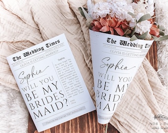Bridesmaid Proposal Newspaper, Bridesmaid Flower Bouquet Wrap Template, Bridesmaid Proposal Card, Will You Be My Bridesmaid, Printable Edit