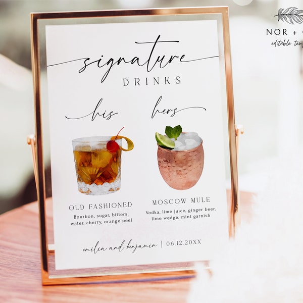 Signature Drink Sign, Signature Cocktail, Signature Drink Wedding Sign, Bar Menu Sign, His and Hers Drink, Minimalist Wedding Sign, Editable