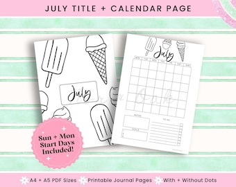 Printable Calendar Page July, Journal Printable, July Title Page, July Calendar, Monthly Title Page, Printable Title Page, Bullet Journal