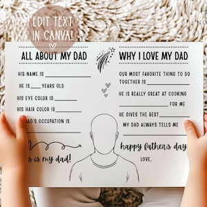 Vaderdagkaart, vul de lege plekken in, over mijn vader, Kid Activity Craft, Vaderdagcadeau, bewerkbare sjabloon, digitale download, afdrukbaar